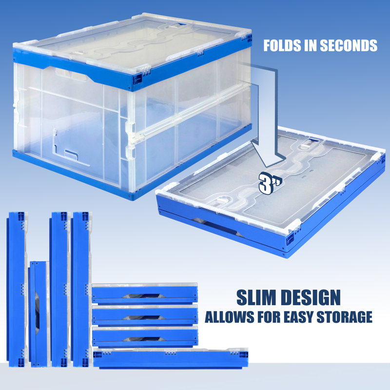 Mount-It! Collapsible Crate For Storage, Folding Plastic Container With Attached Lid, 23X15X13 Inches, 65L Liter Capacity 
