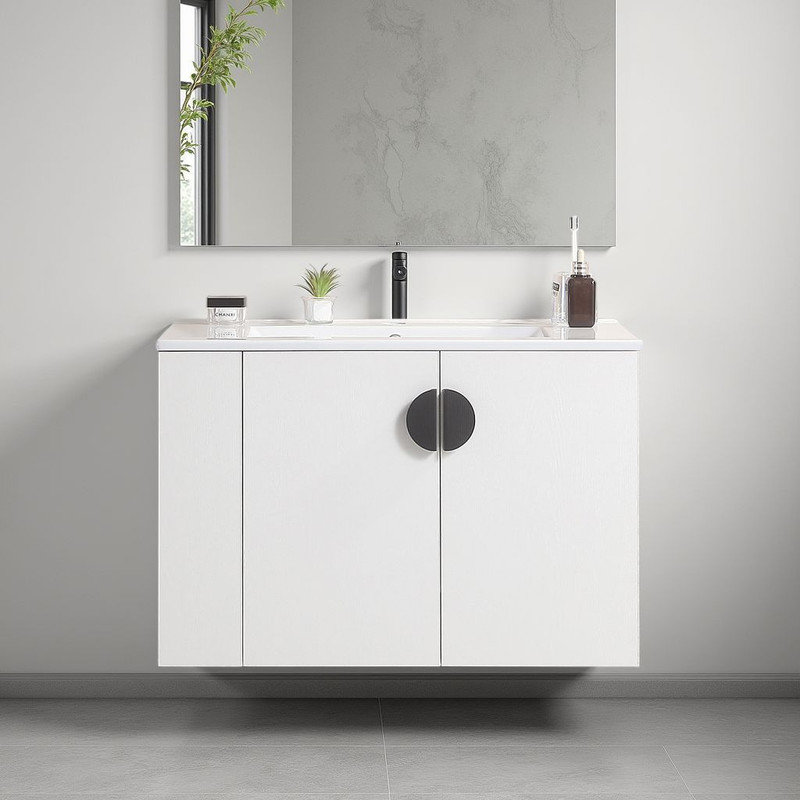 30" Wall-Mounted Bath Vanity with Sink, Ivory/Black
