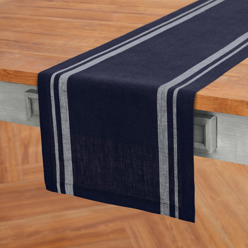 French Stripe - 100% Pure Linen Table Runner, White/Navy, 108" x 16"