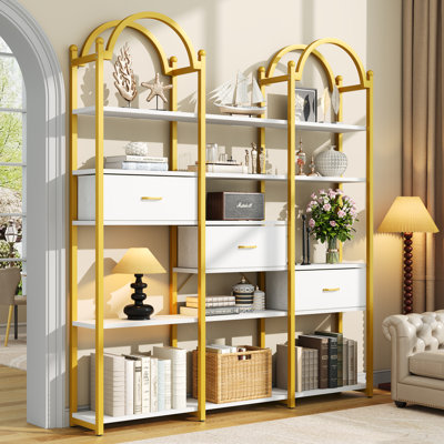Bibliothèque de 83,5 po de hauteur avec 3 tiroirs et 13 tablettes de rangement, bibliothèque industrielle ouverte avec tablettes, grande étagère, bibliothèque triple pour la maison et le bureau
