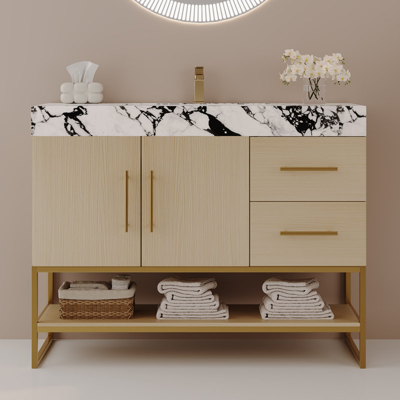 Meuble-lavabo 36 po avec lavabo en céramique et poignées dorées Mordern, armoire en bois autoportante avec 2 tiroirs