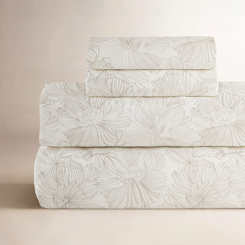100% French Linen Sheet Set, King Sheet Set with 2 Pillowcases, Cream/Putty Floral