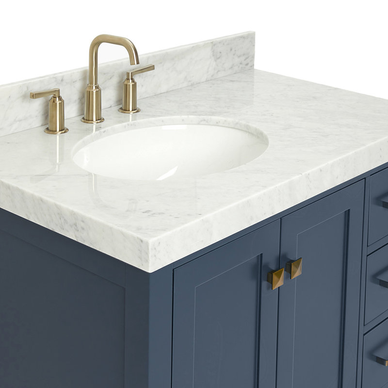 Ariel Cambridge 36 In. Right Offset Vanity With 2 In. Carrara Marble Countertop, Midnight Blue