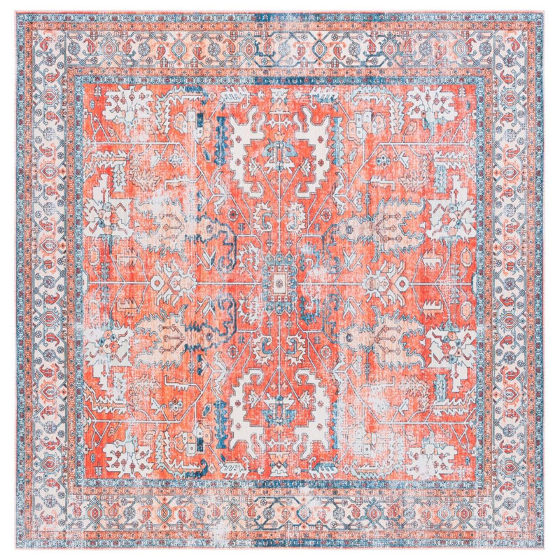 Arizona Dynasty Machine Washable Area Non-Slip Rug In Red & Blue, Square 183cm