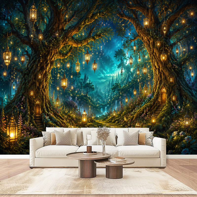 Papier peint adhésif pelez et collez Scène de forêt, lanternes lumineuses, étincelles magiques, art mural, 68.88" L x 96" W