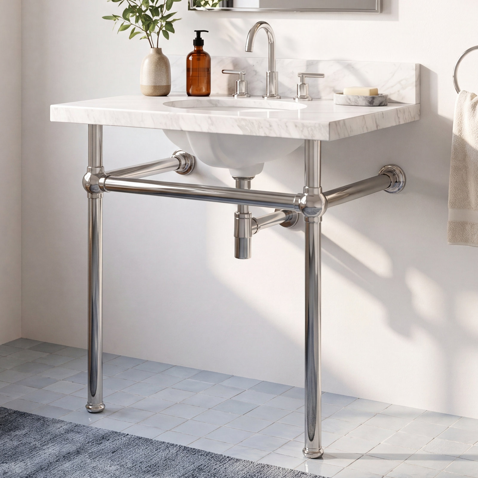 Templeton 30" Vanity Top Console Sink, Carrara Marble/Polished Nickel