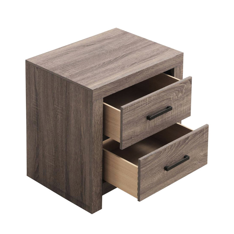 Elegant 2 Nightstand In Dark Brown Oak With Shelf 2 Drawers Style Bronze Pull Handles