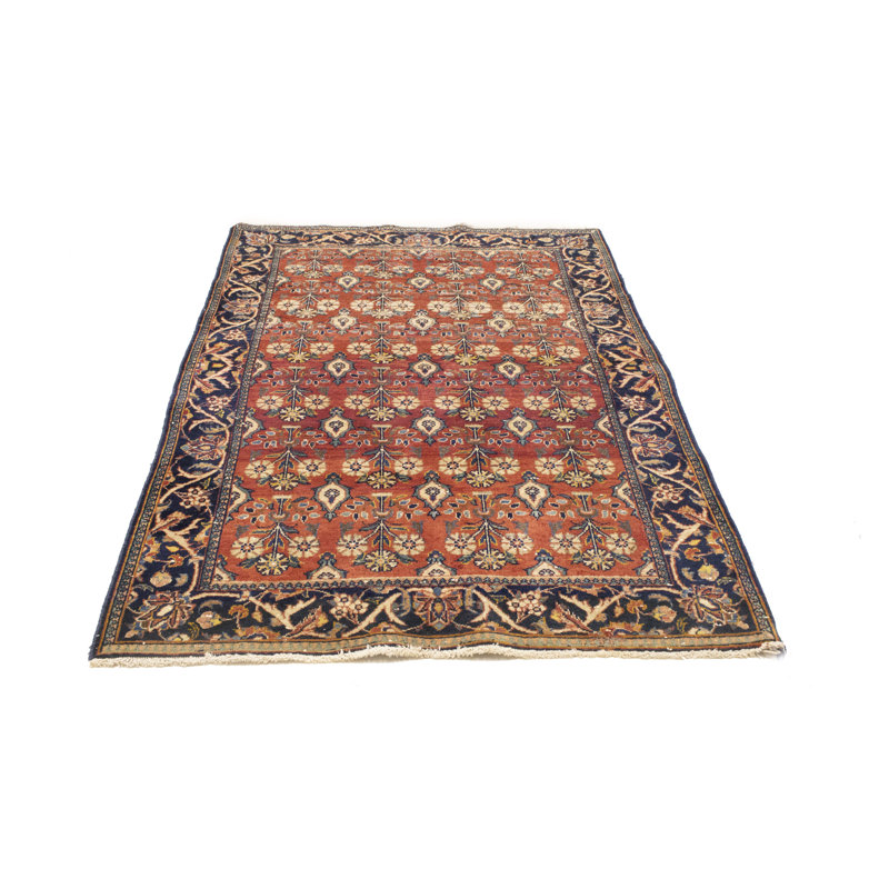 Tapis rouge semi-antique à motif floral authentique 4 pi 6 po x 6 pi 7 po
