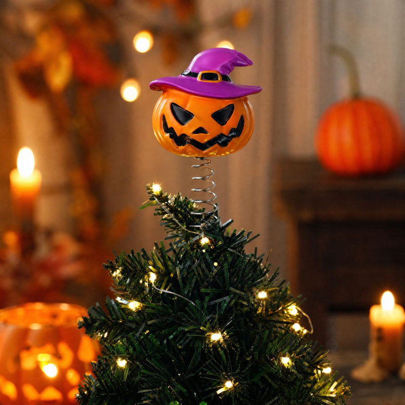 Décoration d'Halloween : Citrouille d'Halloween, cimier de sapin avec chapeau de sorcière violet, lanternes à ressort, ornement de cimier de sapin effrayant, petit sapin de table, décoration de Noël