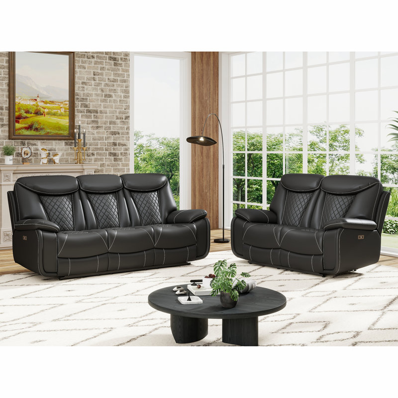 Saneela Faux Leather Power Reclining Living Room, Classic Midnight Faux Leather