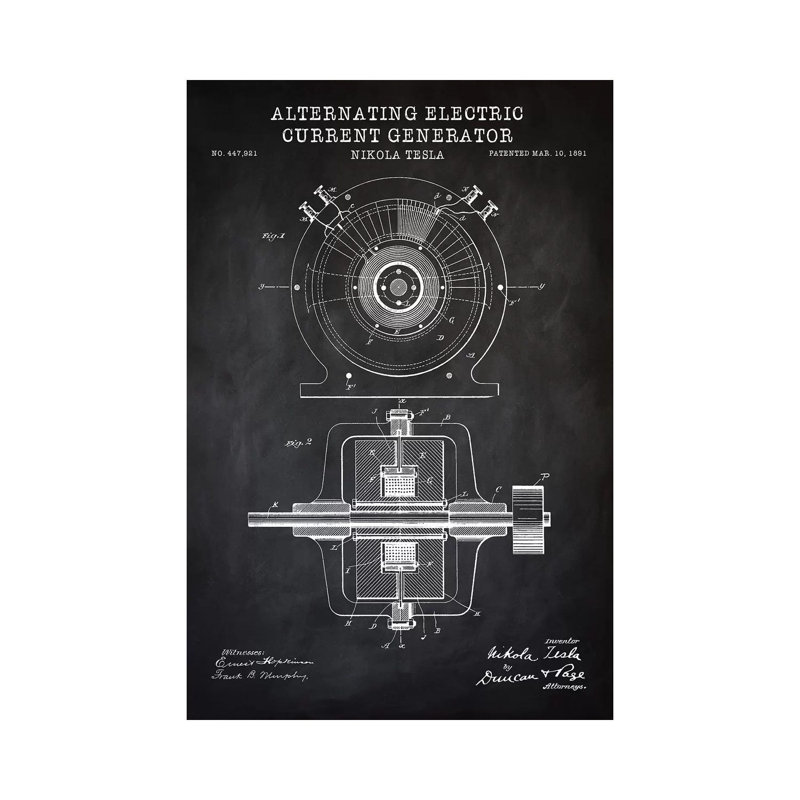 Tesla Alternating Electric Current Generator, Black by PatentPrintStore - Wrapped Canvas Print, 20.32 cm H x 30.48 cm W