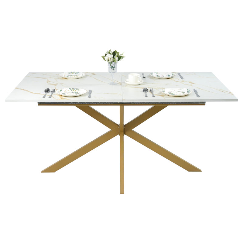 Table de salle à manger extensible de 160 à 200 cm, plateau imitation marbre, table de cuisine gain de place pour 6 à 10 personnes, couleur or