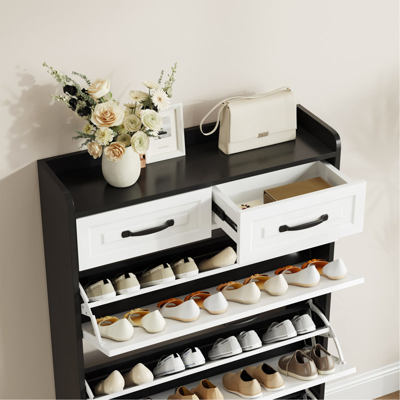 Armoire à chaussures de couleur noire avec 3 portes et 2 tiroirs, porte en PVC avec forme, grand espace de rangement