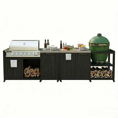 Modular Outdoor Kitchen Island with Grill Table Set, Solid Wood Patio Cooking Station for 28"–36" Griddles & Kamado Grill, 304 Stainless Steel Top, Detachable Countertop & Storage Cabinets