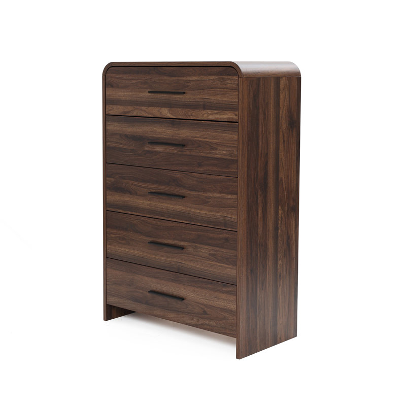 Commode 5 tiroirs 47,4 po en noyer de style moderne Mid-Century pour le rangement dans la chambre à coucher