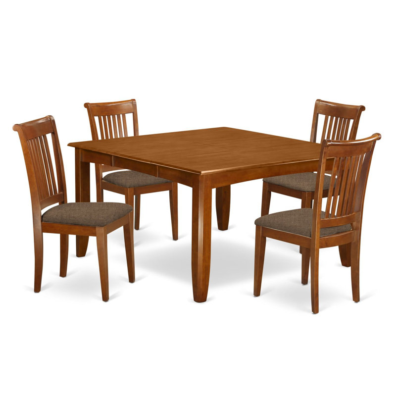 5 Piece Kitchen Table Set for 4 Includes a Square Dining Room Table with Butterfly Leaf and 4 Linen Fabric Chairs, Saddle Brown