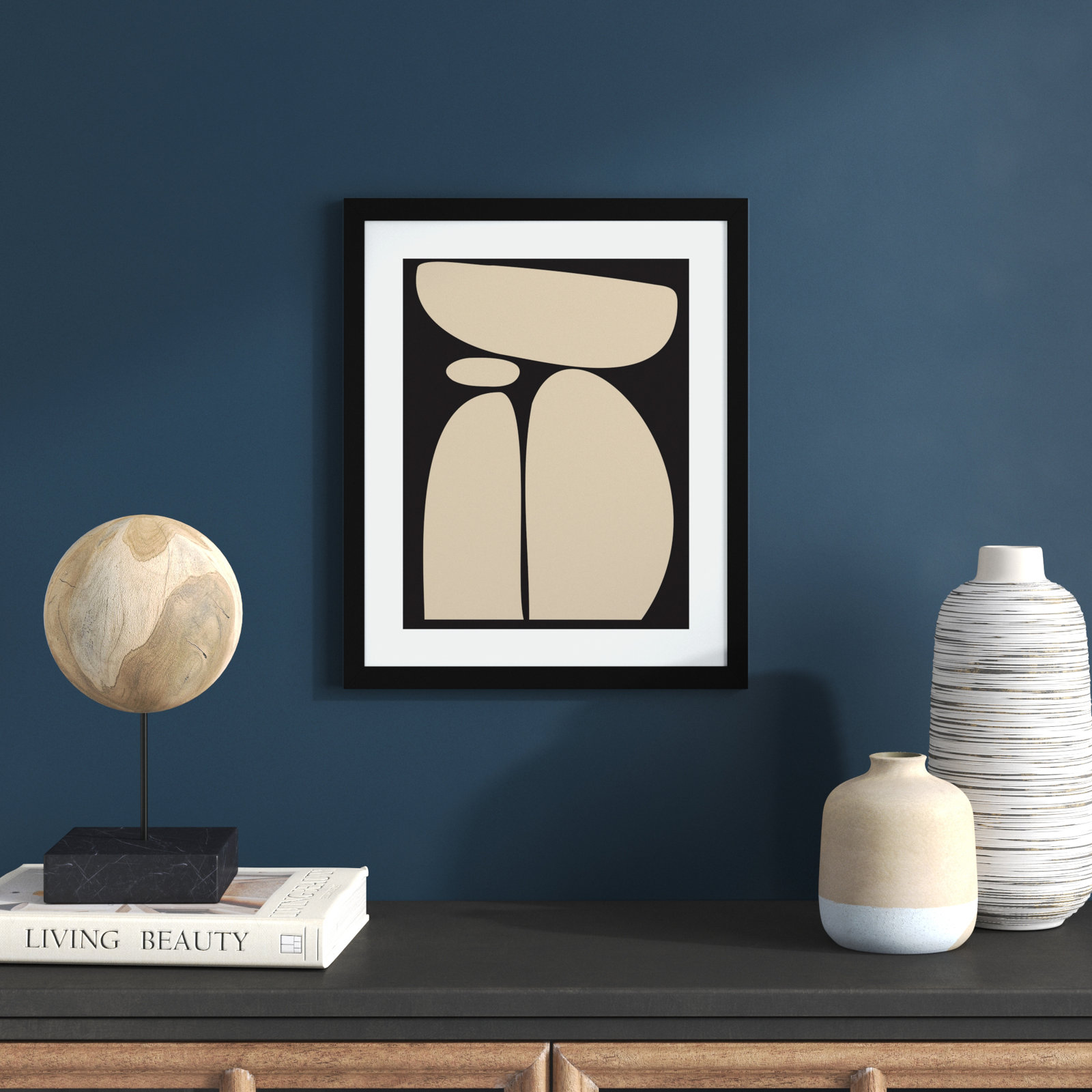 Balancing Zen Rocks Black and Tan Print, Black Framed, 41" H x 33" W