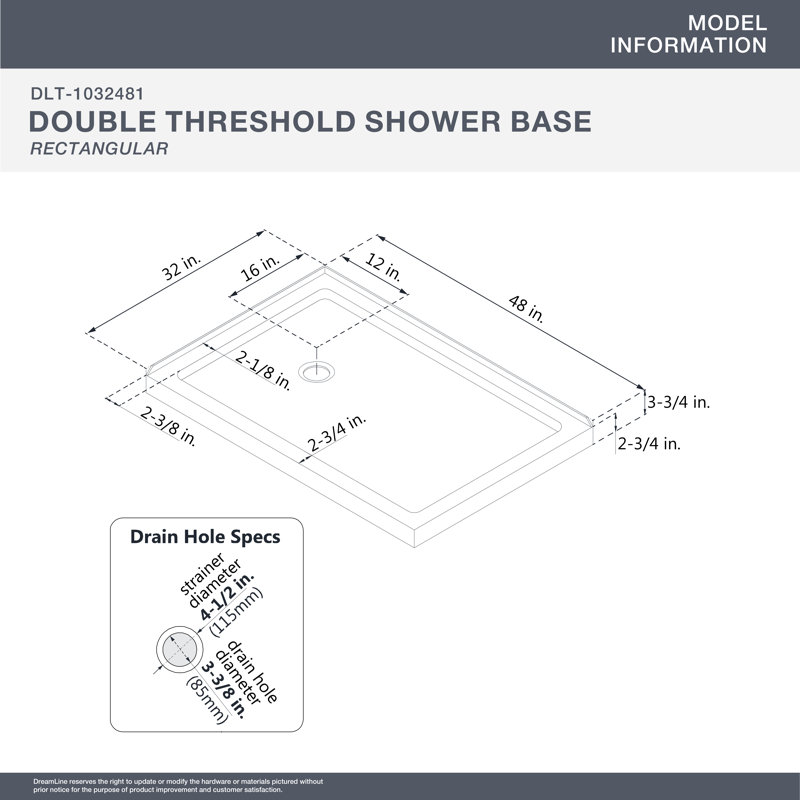 Base de douche DreamLine SlimLine, Blanc, Gauche, L 32 po x L 48 po