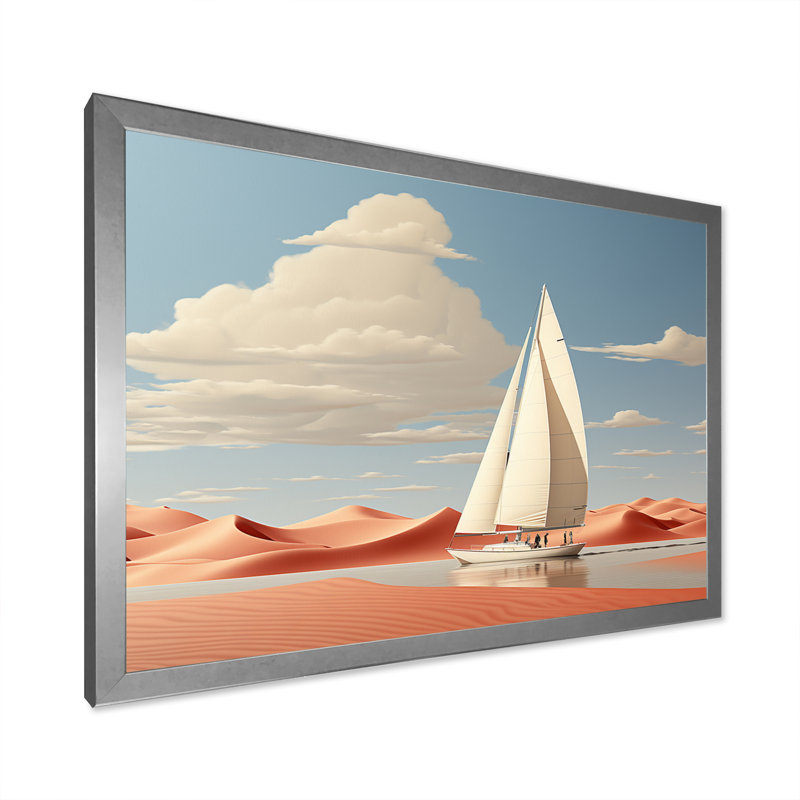 Alyia " White Sailboat Floating Towards Pink Beach ", Silver Single Picture Framed, 34" H x 44" W x 1.5" D