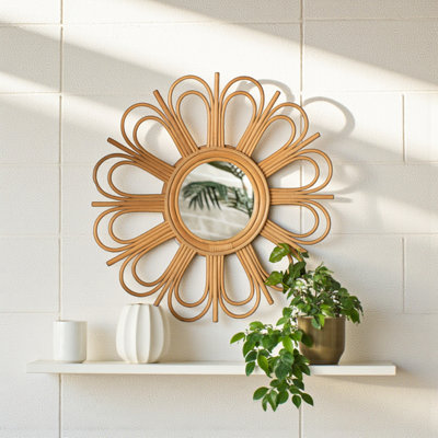 Cesarino Handmade Rattan Accent Mirror in Gold Finish,  22.80" H X 22.80" W X 1.10" D