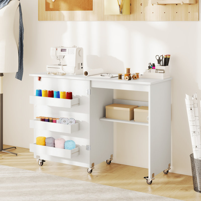 116cm x 40cm Foldable Sewing Table with Sewing Machine Platform and Wheels, White