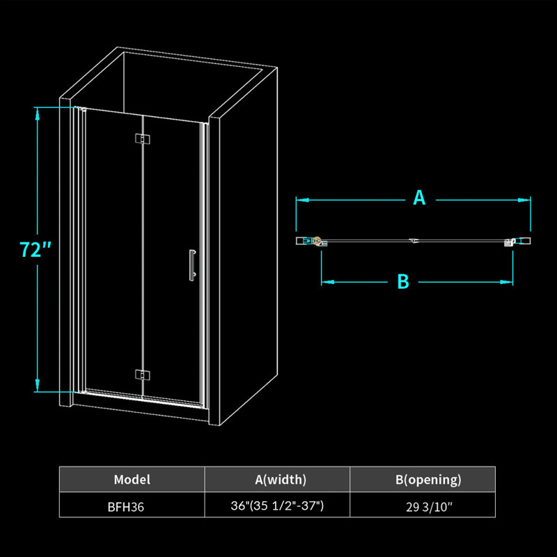 BFH 36"W*72"H  Bifold Frameless Shower Door,6mm Clear Tempered Glass, 180° Folding Hinge, Matte Black