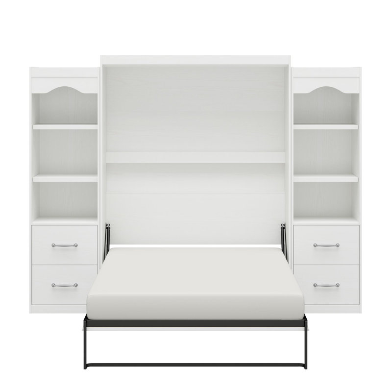 Her Majesty Murphy Bed Bundle - Queen Wall Bed & 2 Bedside Bookcase Cabinets With Drawers, White