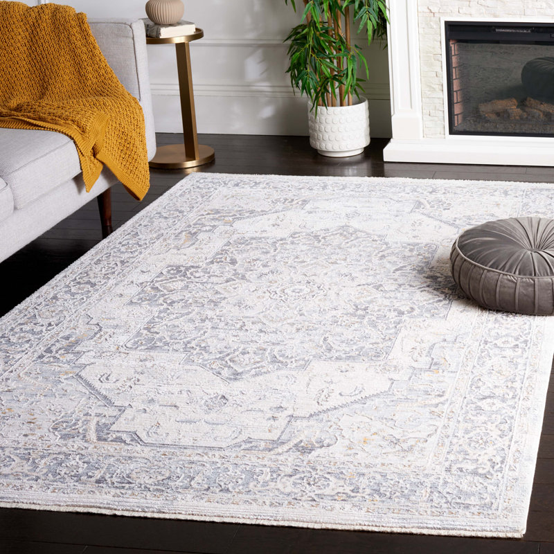 Tapis rectangulaire ivoire / gris en polyester tissé à la machine Rectangle Deigo, Rectangle 8 pi x 10 pi