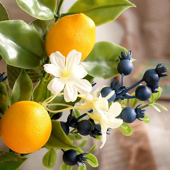  Paquet de 6 paquets de feuilles de printemps, de citrons, de bleuet, d'eucalyptus, de fruits artificiels, de citrons et de verdure, de branches de citron, de décorations pour table de cuisine dans un vase, 12 po