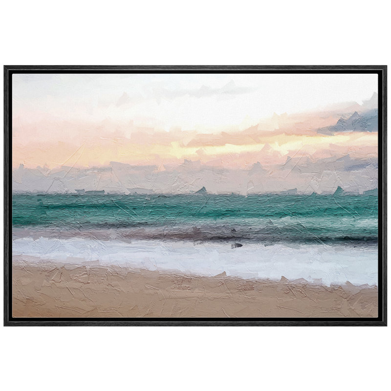 Plage côtière, ciel nuageux, océan bleu sarcelle et mousse sur la plage - peinture sur toile à cadre flottant, Cadre noir