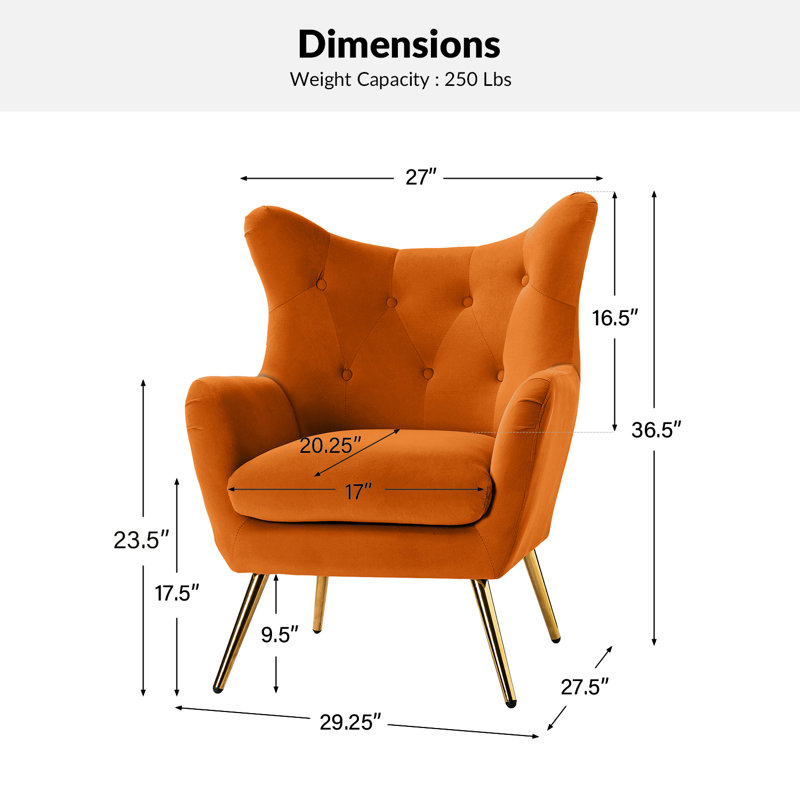 Fauteuil à oreilles 29,25 po Avianna, Velours orange