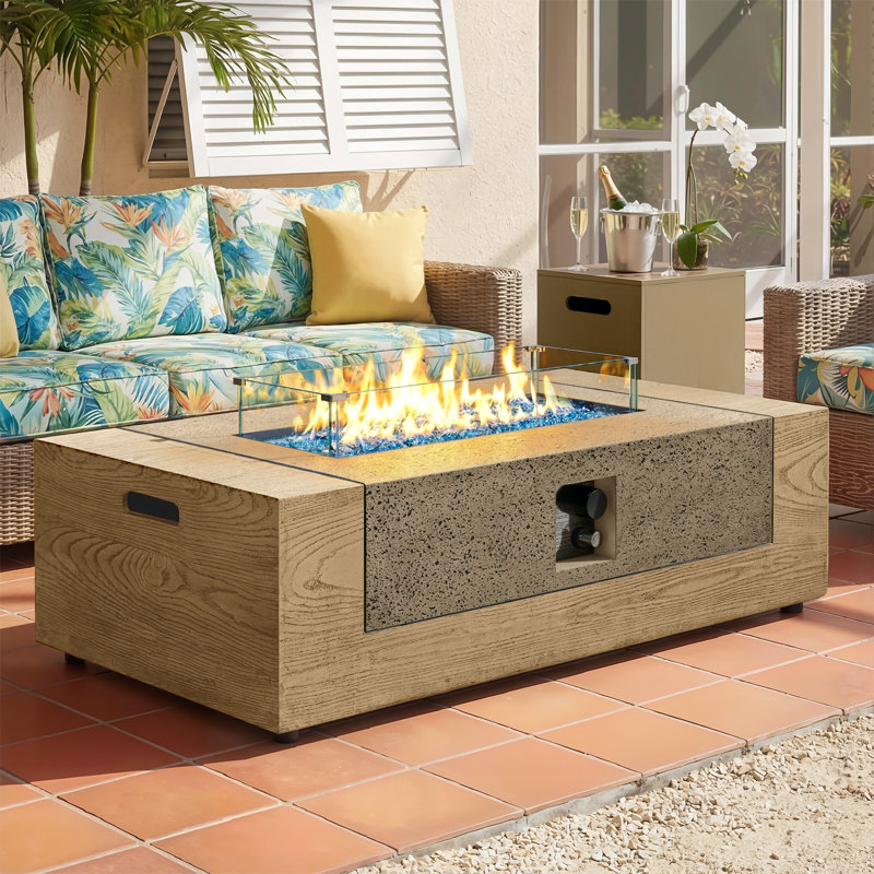 Foyer de table rectangulaire au propane en béton de 50 pouces avec couvercle de réservoir et coupe-vent, béton et bois, Jaune