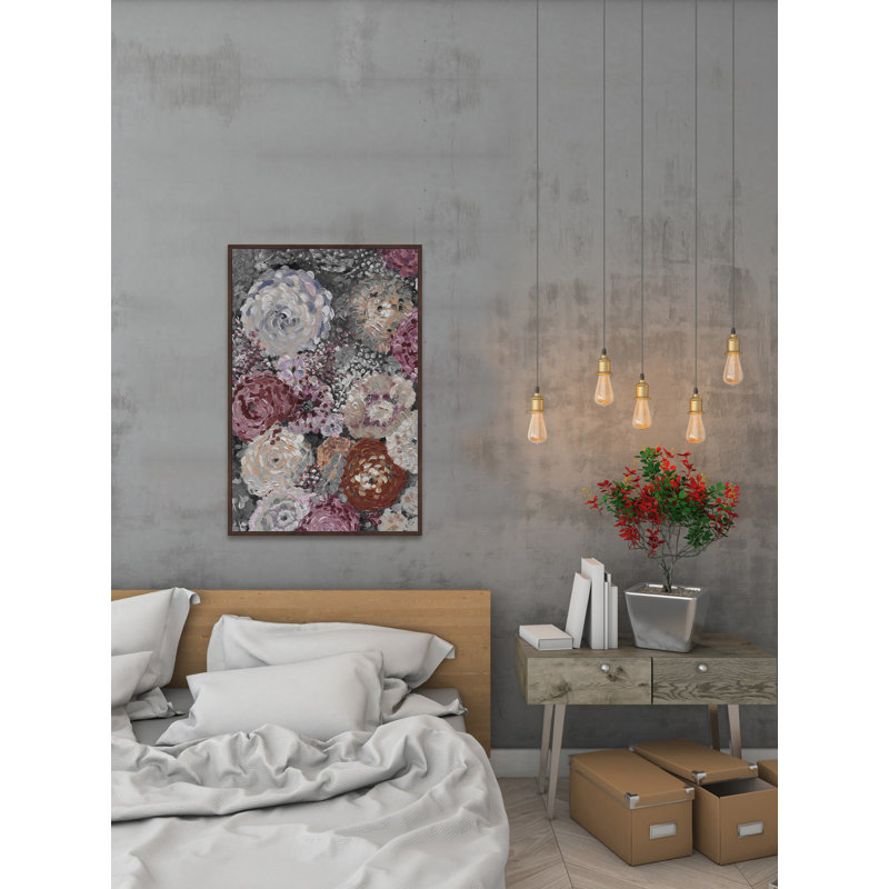 « pivoine poinçon »-reproduction de peinture sur toile tendue, H 36 po x l 24 po x P 1,5 po, Cadre flottant brun