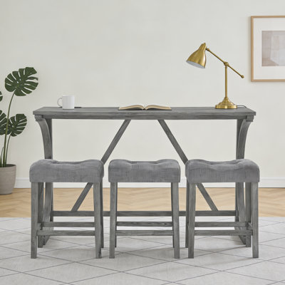 59" Multi-Purpose Bar Table Set with 3 Stools and Built-in Power Outlet, Solid Wood Sofa Table for Kitchen, Living Room, Dining Area by Ebern Designs