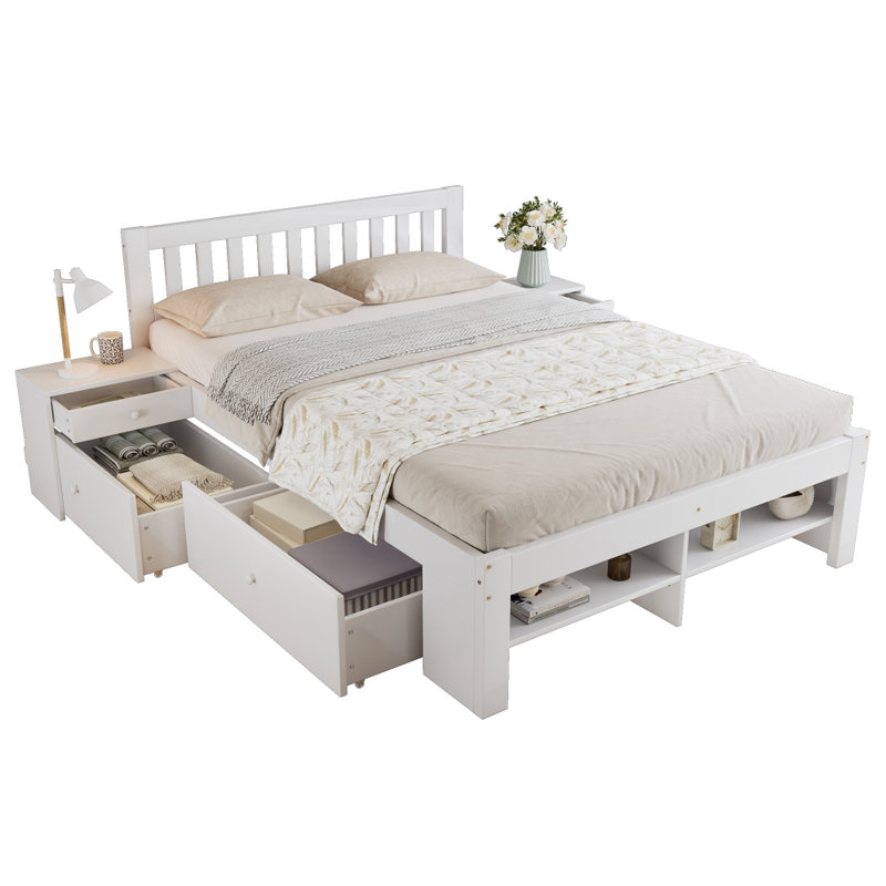 [135×190cm] 4ft6 Double Wooden Storage Bed with Bedside Table, 2 Under-Bed Drawers & Storage Compartments