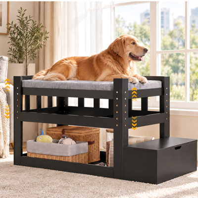Lit superposé ajustable avec escalier et rangement, lit de chevet en bois à 2 niveaux pour chiens de grande taille et de très grande taille