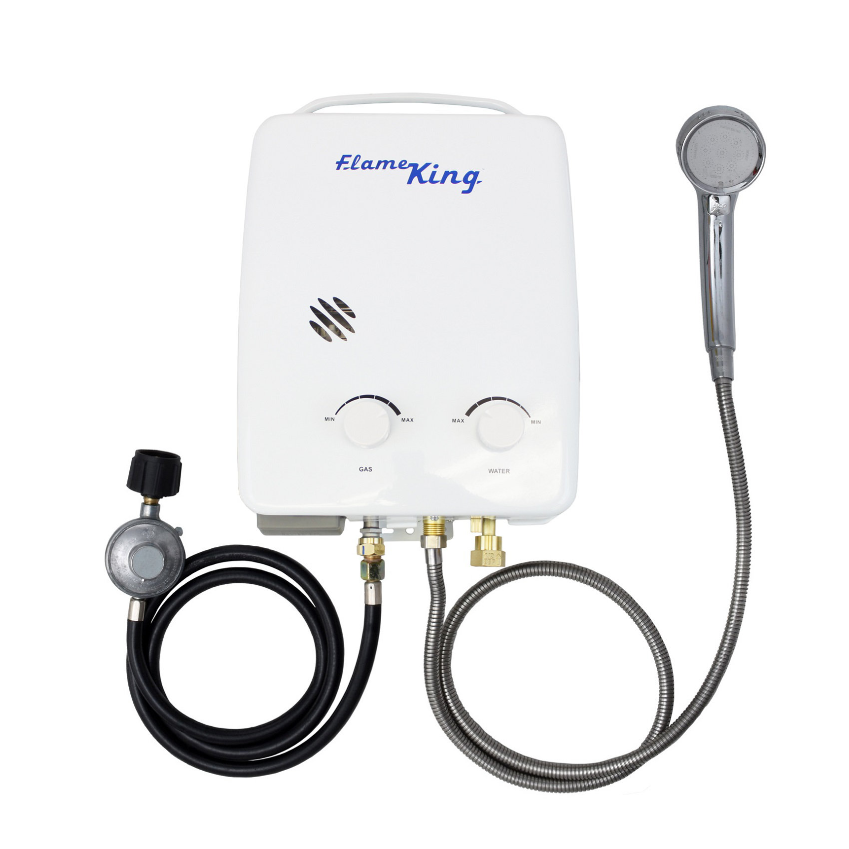 Onsen 5L Portable Tankless Propane Water Heater Kit – With Water Pump, Accumulator, Hose Kit, Dual Ignition (Battery Or 12V), Shower Head & Alligator Clips, For Camping, Off-Grid