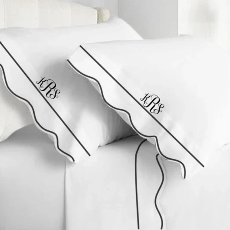 Monogram 400TC Cotton Scallop Embroidery & Border Sateen Solid Sheet Set, Black Border, California King Sheet Set, Yes