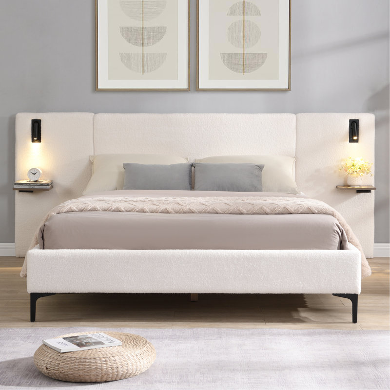 Grand lit tapissier blanc avec lumières encastrées et tablettes pratiques White
