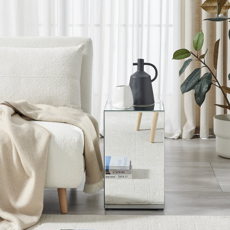 Noorly Sleek Glam Mirrored Glass Side and Bedside Table - Simple Elegant Modern Style