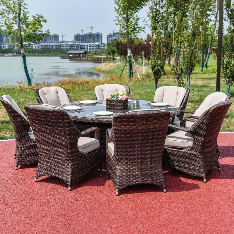 8-Person Outdoor Brown Dining Table Set, Brown