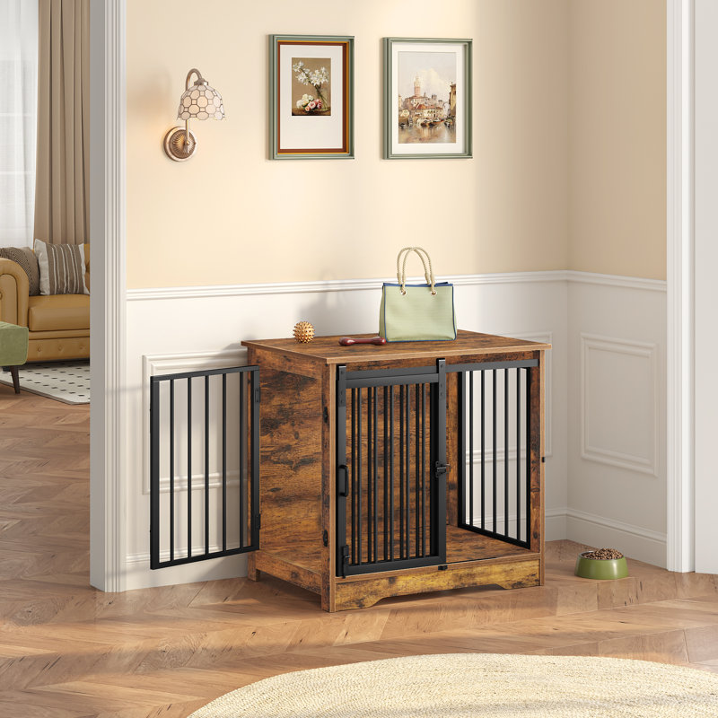 Dog Crate Furniture, 69 cm Double Door Wooden Dog Crate with Barn Door, Indoor Kennel, End Side Table Wooden Animal Crates for Small Dogs, Anti-Chew Anti-Escape