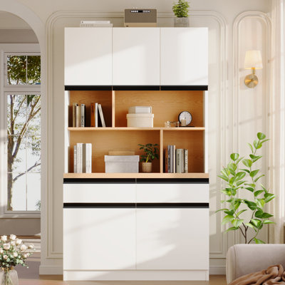 Buffet-bibliothèque de 185 cm (72,8 po) avec 5 portes, tablettes ouvertes, 2 tiroirs et trousse anti-basculement
