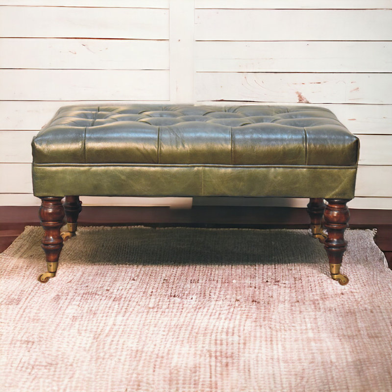 Seza Upholstered Ottoman, Green, Chestnut