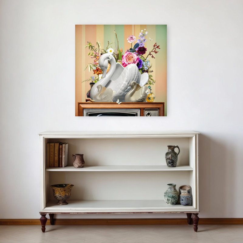 Whimsical Swan Still Life Colorful Retro Vibrant Butterfly Bird Daisy Flower Nature Wall Art Print, 81.28cm H x 81.28cm W