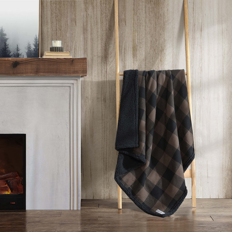 Brown Plaid Reversible Sherpa Cotton Throw Blanket