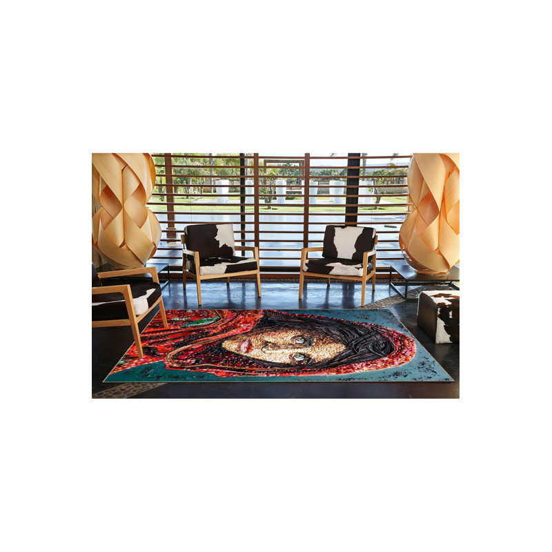 Machine Washable Woman Portrait Patterned Blue and Red Creative Modern Decorative Area Rug