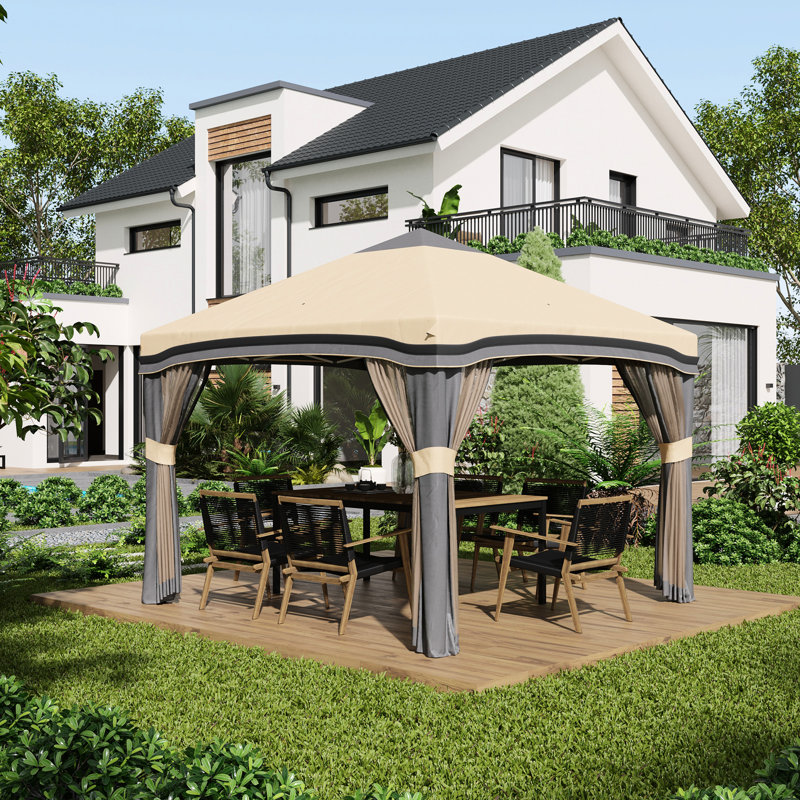 Tente d'auvent réglable en hauteur 10 'X - Extérieur, filet, installation rapide, extérieur beige avec filet réglable, structure solide,