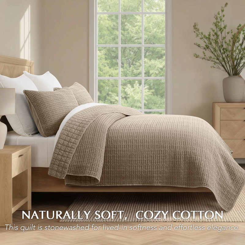 Stonewashed 100% Natural Cotton Waffle Quilt Set, Queen Quilt + 2 Standard Shams, Hearth Taupe