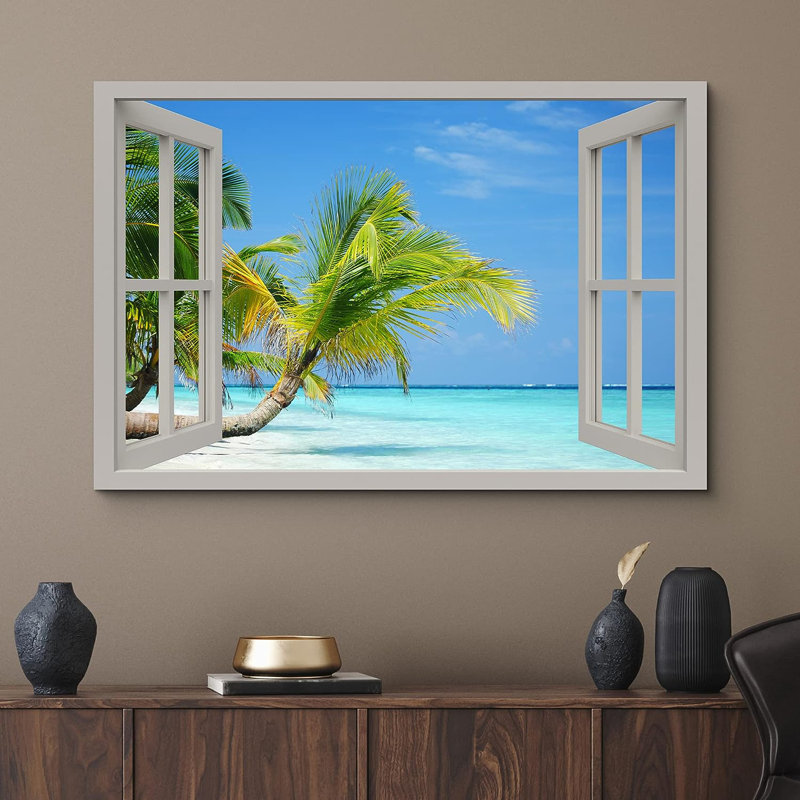 Palmier, plage, rivage, sarcelle, océan tropical, nature, nature, sur toile, H 16 po x l 24 po x P 1,5 po